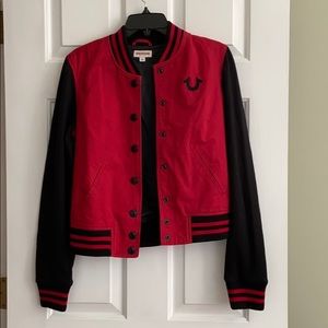 True Religion Red Denim Varsity Jacket Size Small